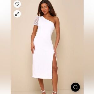 Lulus Amazing Glamour White Polka Dot Mesh One-Shoulder Midi Dress, XL, NWT